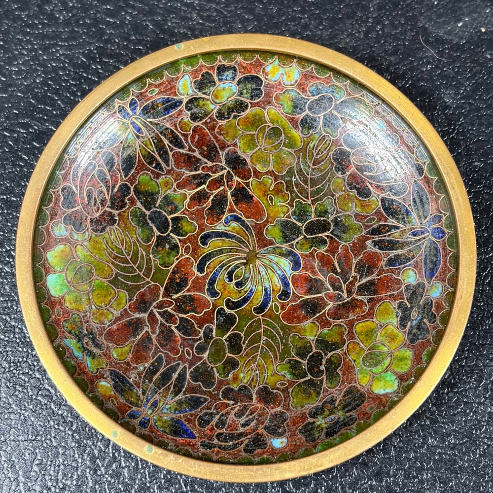 Vintage Chinese Cloisonne Enamel Brass Dish Millefiori Floral Turquoise 4 Inch